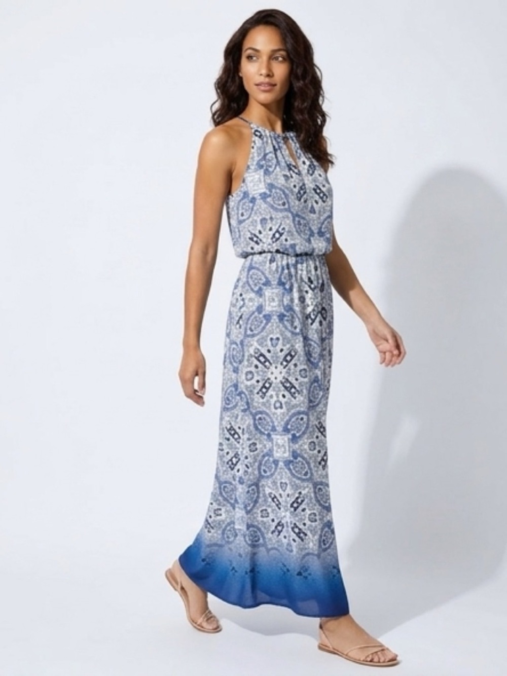 London Times Blue and White Printed Halter Dress - Picture 2 of 9